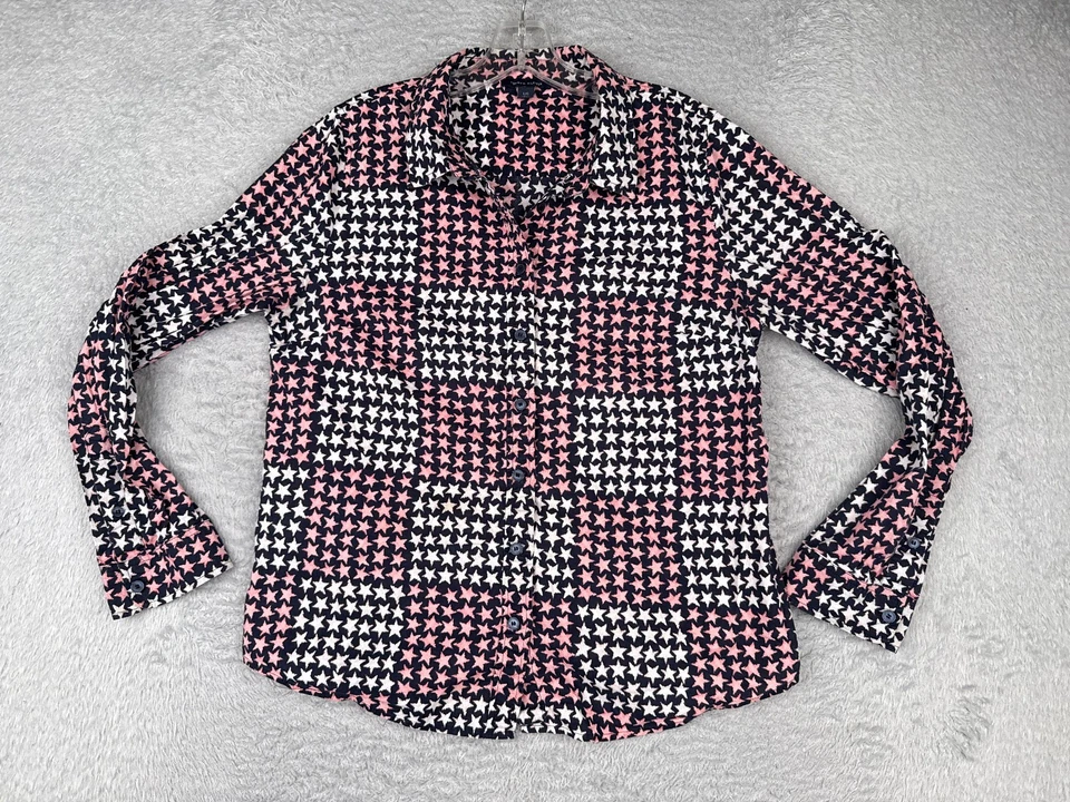 Camisa Tommy Hilfiger Mujer Grande Rosa Blanco Azul Estrella AOP Abotonada Manga Larga Foto 1 de 4