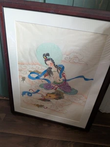 Framed Chinese Rice Paper Painting – Celestial Maiden & Dragon – Oriental Art - Picture 1 of 4