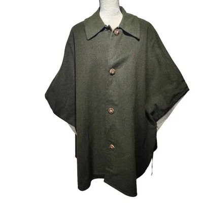 Poncho Hecho a Mano Reversible Lana Verde Caqui Botón Cuello Frontal Resistente al Agua Foto 1 de 4