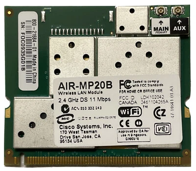 Cisco AIR-MP20B MP20B-A-K9 Wireless Module Aironet Mini PCI Radio AP1200/1210 - Image 1 of 4