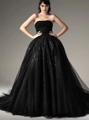 Vestido de novia de encaje brillante con lentejuelas negras vestido de novia hecho a medida gótico 2-28w Foto 1 de 4