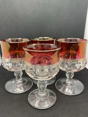 VTG 70’s Cranberry Red Flash Indiana Glass KINGS CROWN Wine FOUR GOBLETs - Image 1 of 4