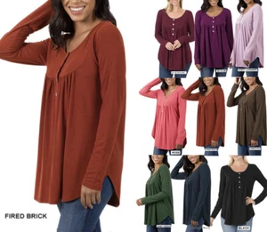 ZENANA 2349 Babydoll Henley Tunic Knit Top Shirred Yoke Long Sleeve S M L XL - Picture 1 of 18