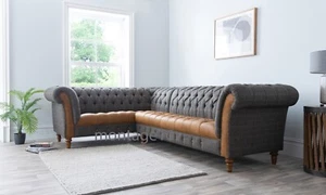 Bespoke Montrose Button Back Chesterfield Harris Tweed Leather Mix Corner Sofa - Picture 1 of 17