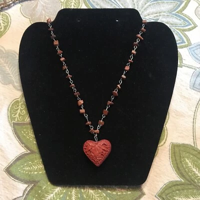 Gold Stone Necklace Chip Beads carved flower heart pendant on rosary chain - Image 1 of 4