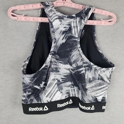 Reebok Womens Sports Bra Large Black White AOP Racerback Soft Bra Logo EUC - Image 1 of 4