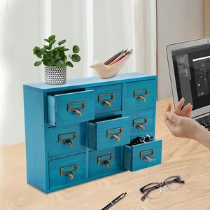 Desk Drawer Organizer Wooden Rustic Cabinet with 9 Drawers Blue - Picture 1 of 24