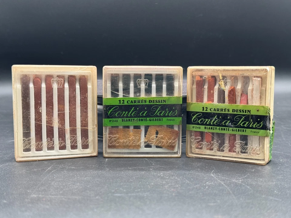 Lápis de giz antigo Conte a Paris 12 Carres Assortis (lote de 3) lacrado e usado - Imagem 1 de 4
