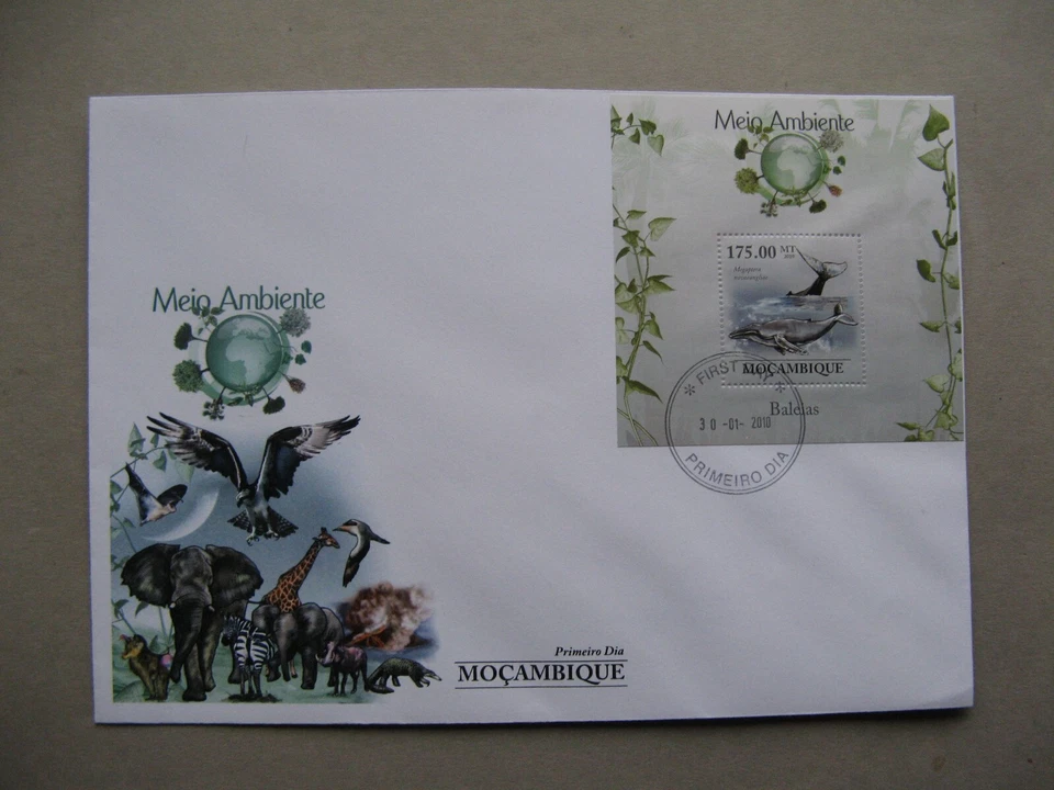 MOZAMBIQUE, cover FDC 2010, S/S Environment protection, whales - Image 1 of 1