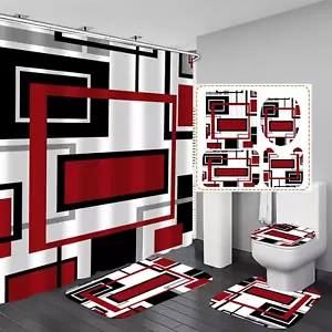 4 Pcs Red Geometric Shower Curtain Sets Non-Slip Rugs Bath Mat, Toilet Cover - Picture 1 of 12