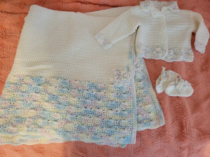 Handmade Never Used Crocheted Baby Blanket Set W/Sweater & Booties 36" X 37"
