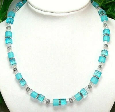 Halskette Würfelkette Kette Perlen Cube Würfel türkis blau hellblau silber  217w - Bild 1 von 3