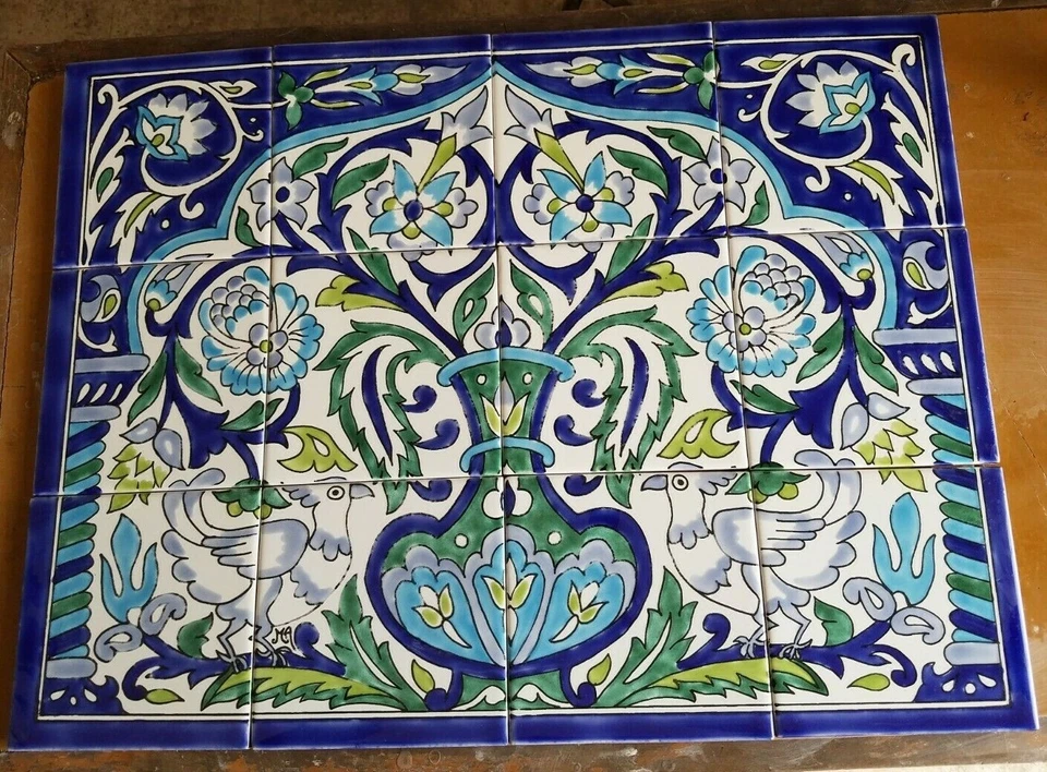 Mural de azulejos de cerámica pintados a mano loros blancos tunecinos Foto 1 de 2