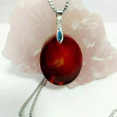 Anhänger Epoxid Harz Oval Rot Feuer Kette Edelstahl 50 cm NEU - Bild 1 von 3