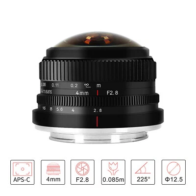 7artisans 4mm F2.8 Fisheye Manual Focus Lens For Canon Fuji M4/3 Sony E Mount - Image 1 of 4