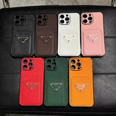 Funda con tarjetero de cuero triángulo de lona de diseño para iPhone 15 14 13 16 Pro Max Foto 1 de 4