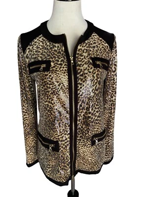 Neiman Marcus Exclusive Leopard Print Sequin Light Jacket Sz M Gold Black Dressy - Image 1 of 4