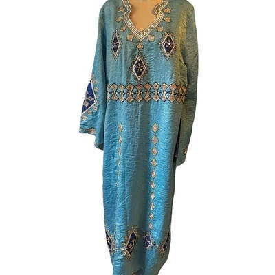 VTG Palestinian Silky Sequin Embroidered Thobe Traditional Tatreez Boho Dress XL - Image 1 of 4