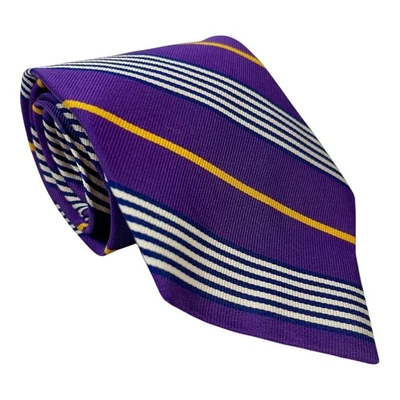 Corbata hecha a mano Polo Ralph Lauren púrpura/amarillo/blanco 100 % seda 7 pliegues Foto 1 de 4