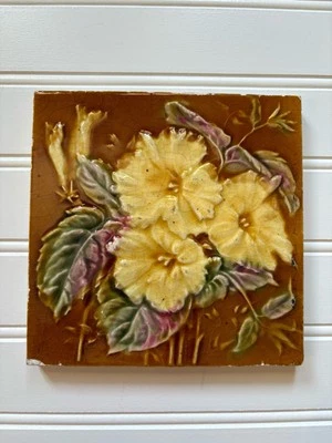 Antique Victorian Era English Tile Yellow Floral 1800s - Image 1 of 4