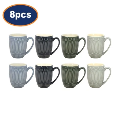 HESTIA Stoneware Coffee Mug Set of 8 Textured Grey Cups 350ml Tea Hot Choco Drinkware
