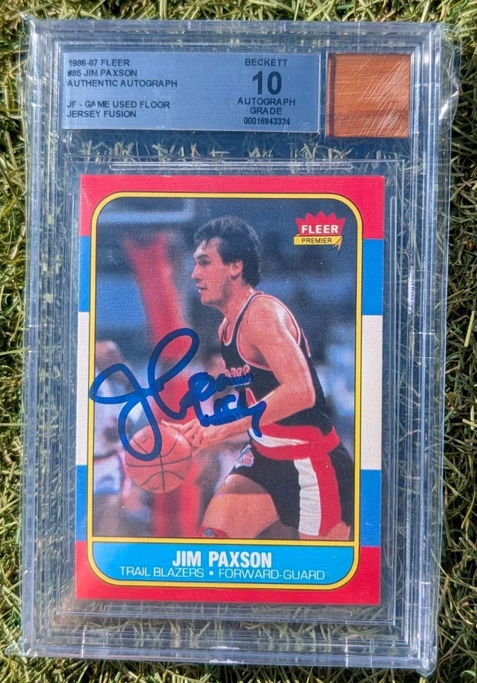 1986-87 Fleer Jersey Fusion Jim Paxson BGS  10 Auto Authentic Game Used Floor - Image 1 of 1