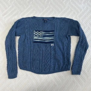 Polo Ralph Lauren Jumper Kids Medium Aged 8-10 USA Flag Knit Blue Cable Youth - Picture 1 of 9
