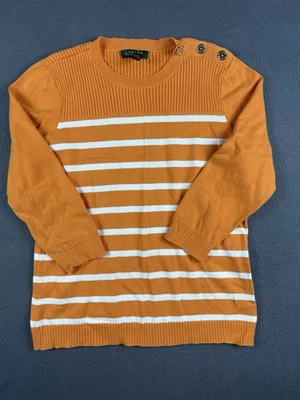 Suéter tejido Lauren Ralph Lauren a rayas con botones naranja/blanco grande usado en excelente estado Foto 1 de 4