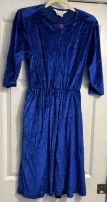 Vtg 70s Velvet Velour Blue Dress Sz 10 Midi Elastic Waist Big Button Blair USA - Image 1 of 4