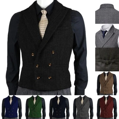 Men Double-Breasted Tweed Vest Retro Herringbone Waistcoats Wedding Vintage Wool - Photo 1/4