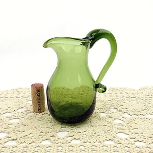 Vintage Miniature Pilgrim 5" T Pitcher Green Hand Blown Art Glass Curled Handle - Picture 1 of 7