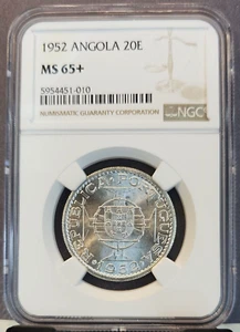 1952 ANGOLA SILVER 20 ESCUDOS PORTUGUESE REPUBLIC NGC MS 65+ BRIGHT GEM BU - Picture 1 of 3