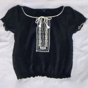 WOMENS S/S GAUZE TOP AMERICAN EAGLE BLACK TAN BOHO TIE EMBROIDERY OUTFITTERS M - Picture 1 of 7