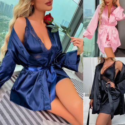 Lencería sexy para mujer satén seda kimono batas ropa de dormir ropa interior conjunto Foto 1 de 4