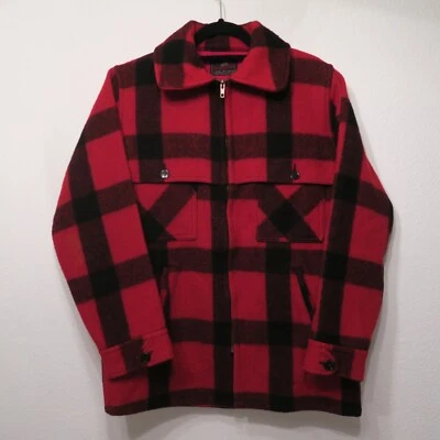 Abrigo de caza vintage Johnson Woolen Mills para hombre 42 rojo negro chaqueta de lana a cuadros L Foto 1 de 4