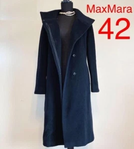 Max Mara Long Coat Stand Collar Black Cashmere Blend Black Size 42 ES1 - Picture 1 of 9