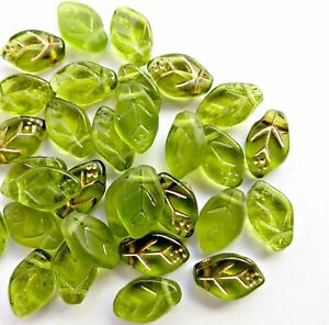 10 Czech Glass Leaf Beads Green Gold Jewelry Supplies 12mm Mix