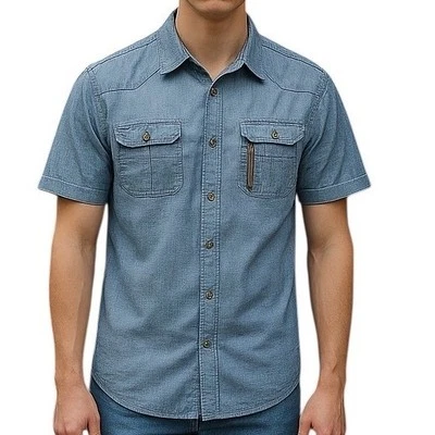 Rock & Republic Shirt Size Medium Blue Short Sleeve Vertical Zip Chest Pocket - Image 1 of 4