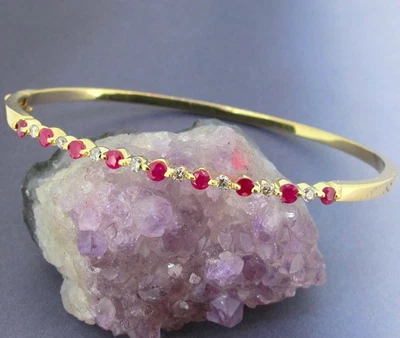 .53 ctw Ruby 14k Yellow Gold .15 ctw Diamonds Round Cut Bangle Bracelet 7 inch - Image 1 of 4