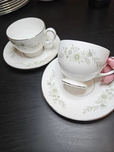 Wedgwood Westbury Bone China Teacup & Saucer Pair Green Floral Silver Trim... - Picture 1 of 12