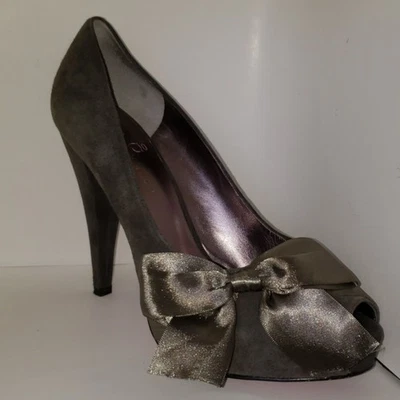 Gray Suede Platform Heels Size 9 Big Silky Bow Peep Toe Destiny by Paris Hilton - Image 1 of 4