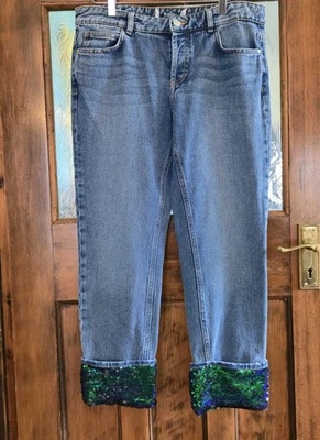 Mango Ladies Vintage Y2K Green Sequin Blue Jeans Mid Rise Size UK 12 - Image 1 of 4