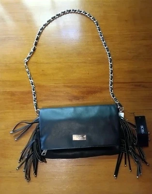 BCBG  Paris Black Faux Leather Fold-Over Crossbody Bag, Fringe, NWT - Image 1 of 4