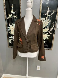 VTG Embroidered Womens Blazer Small Chevron Brown Wool Blend Flowers  Boho 10P - Picture 1 of 20