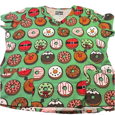 Butter Soft Women’s Scrub Top Gray Christmas Donuts Santa Snowman Size XL EUC - Image 1 of 4