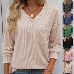 Women V Neck Long Sleeve Casual T Shirt Striped Loose Fit for Various Occasions - Picture 1 of 86
