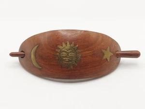 Vintage Haarspange aus Holz mit Messing Sonne, Mond & Stern Intarsien - Bild 1 von 5