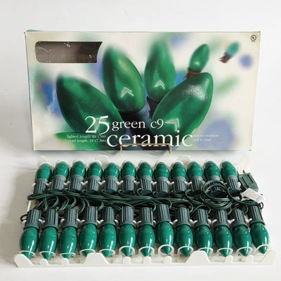 Holiday Time Christmas Lights 25 Light Set Green Ceramic Bulbs C9 Vtg 1999 NOS - Image 1 of 4