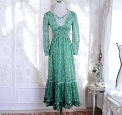 Maxi Vestido Pradera Vintage Años 70 Para Mujer Talla 3 Verde Floral Encaje Hippie Festival Foto 1 de 4