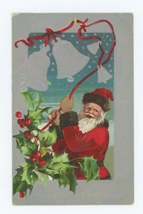 Papá Noel tocando campanas de plata ~ saludos de navidad ~ postal antigua en relieve - Imagen 1 de 2